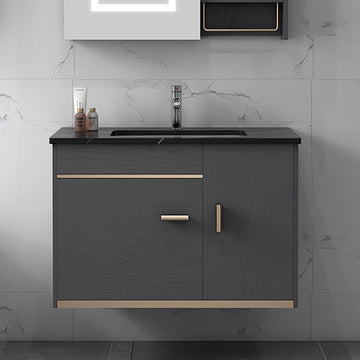 24" Floating Wood Bathroom Vanity Set with Black Stone Top & Ceramic Sink
